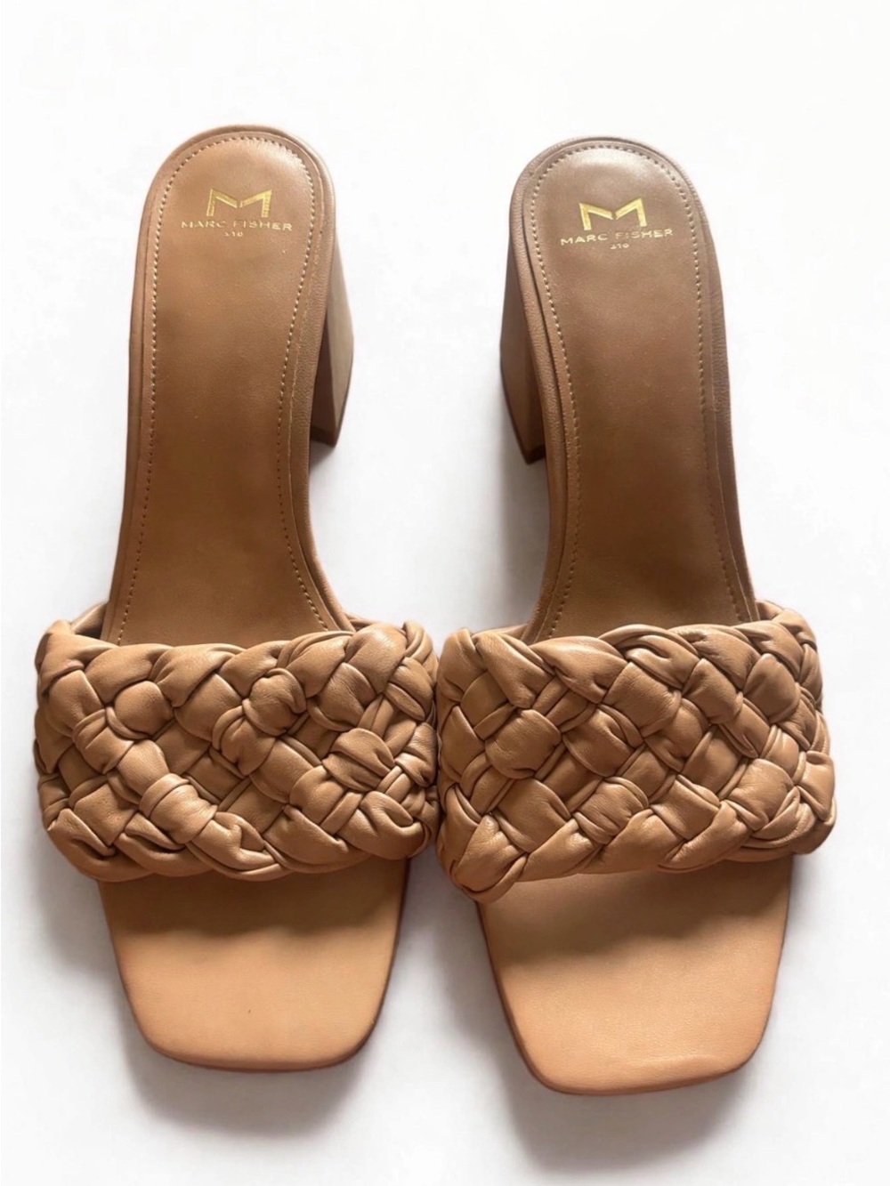 Marc Fisher LTD Braided Block Heel Mule Sandals 11M Tan Leather Square Toe heel